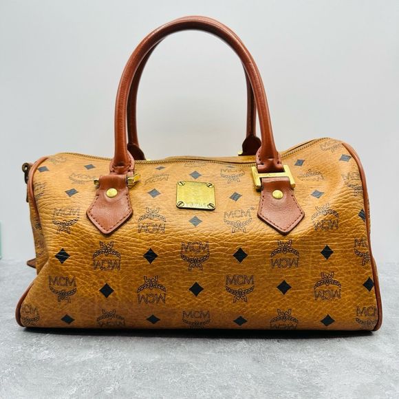 MCM VISETOS BROWN CANVAS Leather HANDBAG Large Boston Shoulder Bag